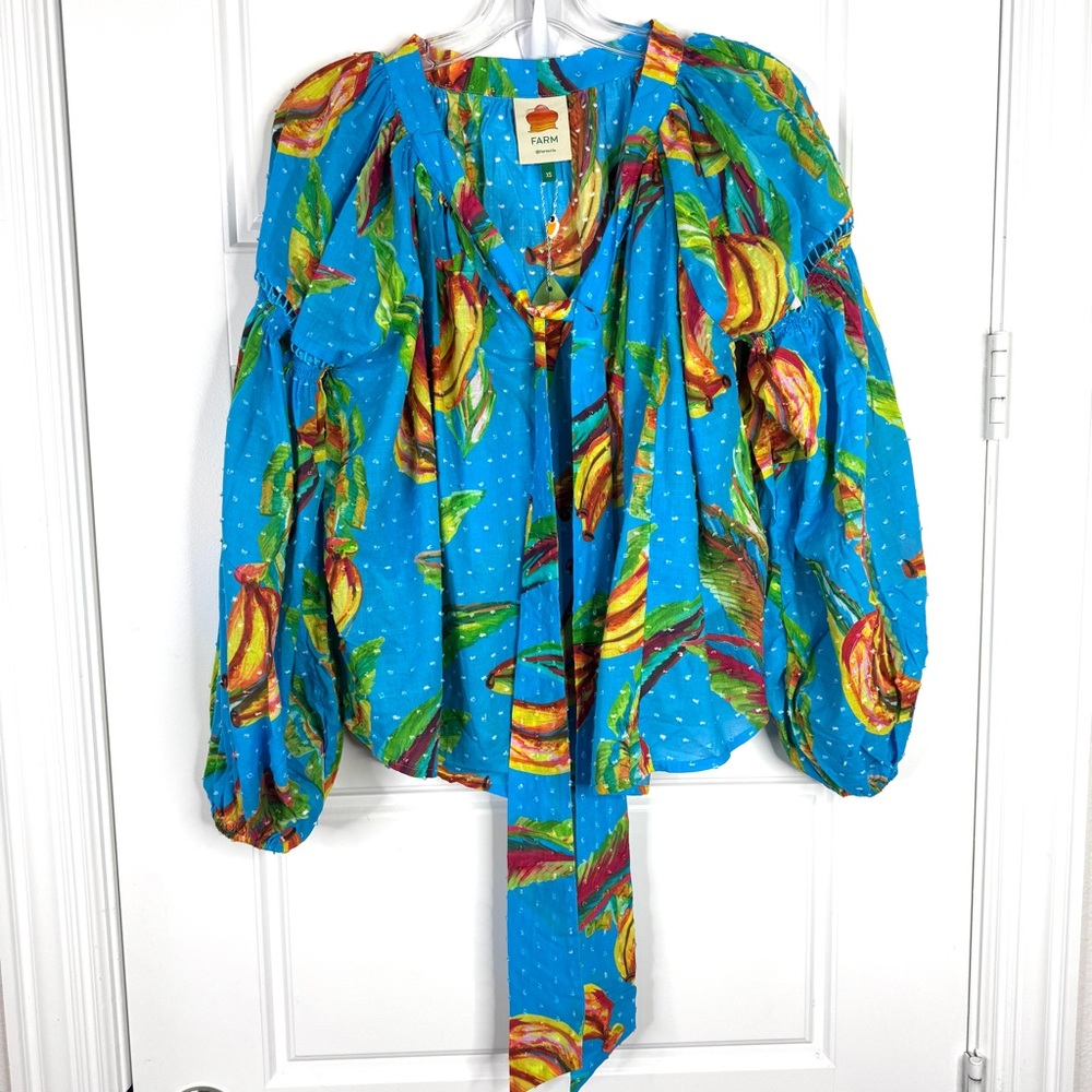 FARM RIO Banana Sky Blouse NEW Size XS Blue Tie Neck Swiss Dot 100% Cotton Top